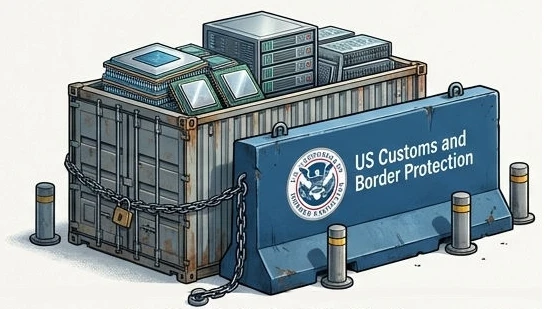 Hardware-Blockade: Container mit Ketten und Grenzbarriere der US Customs