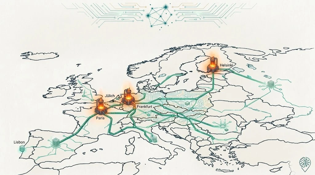 Europakarte mit den vernetzten KI-Kernen: Paris, Jülich, Frankfurt, Helsinki