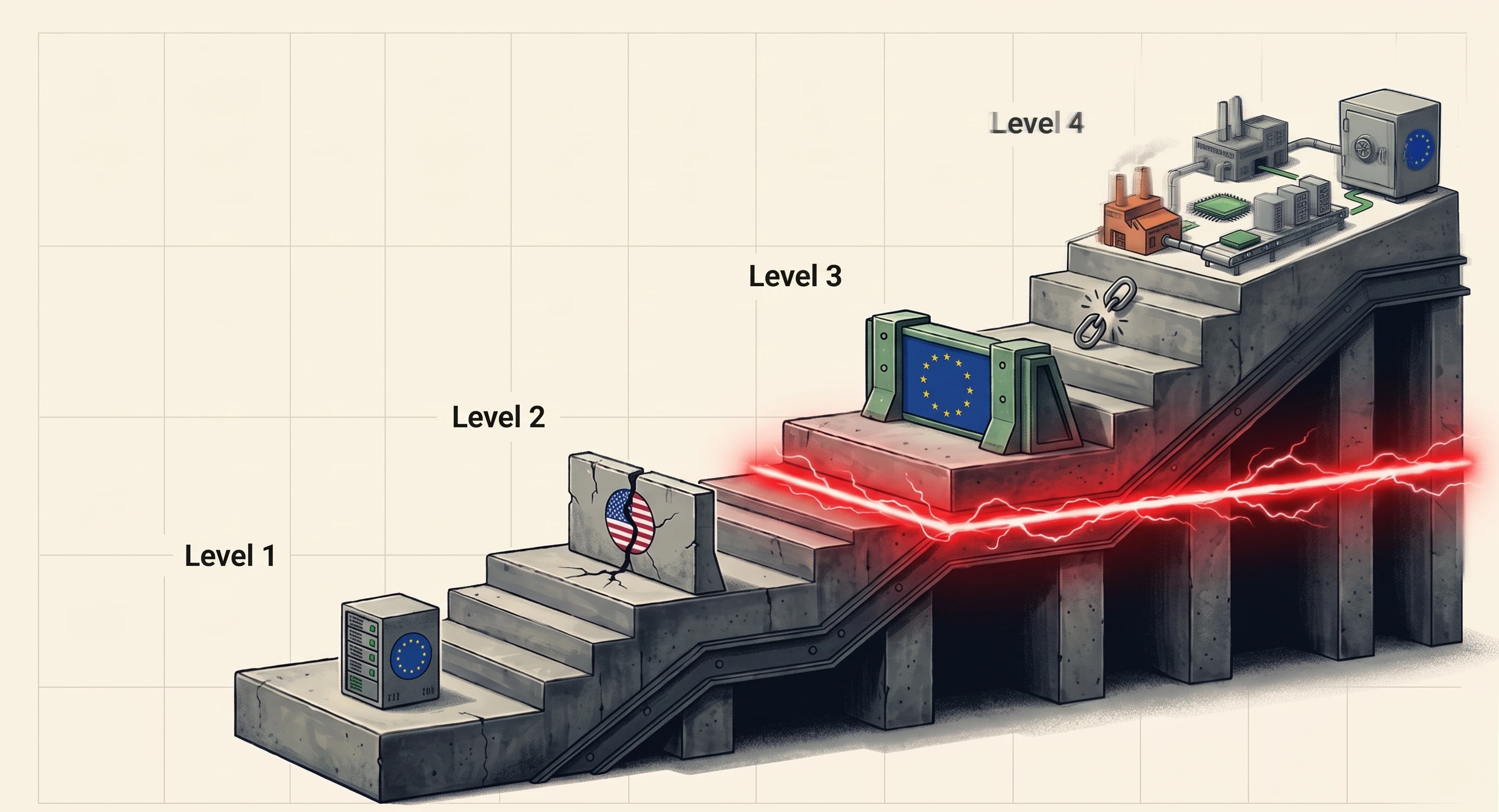 CADA Die Treppe zur Cloud-Souveränität mit vier Stufen und der roten Schranke bei Level 3