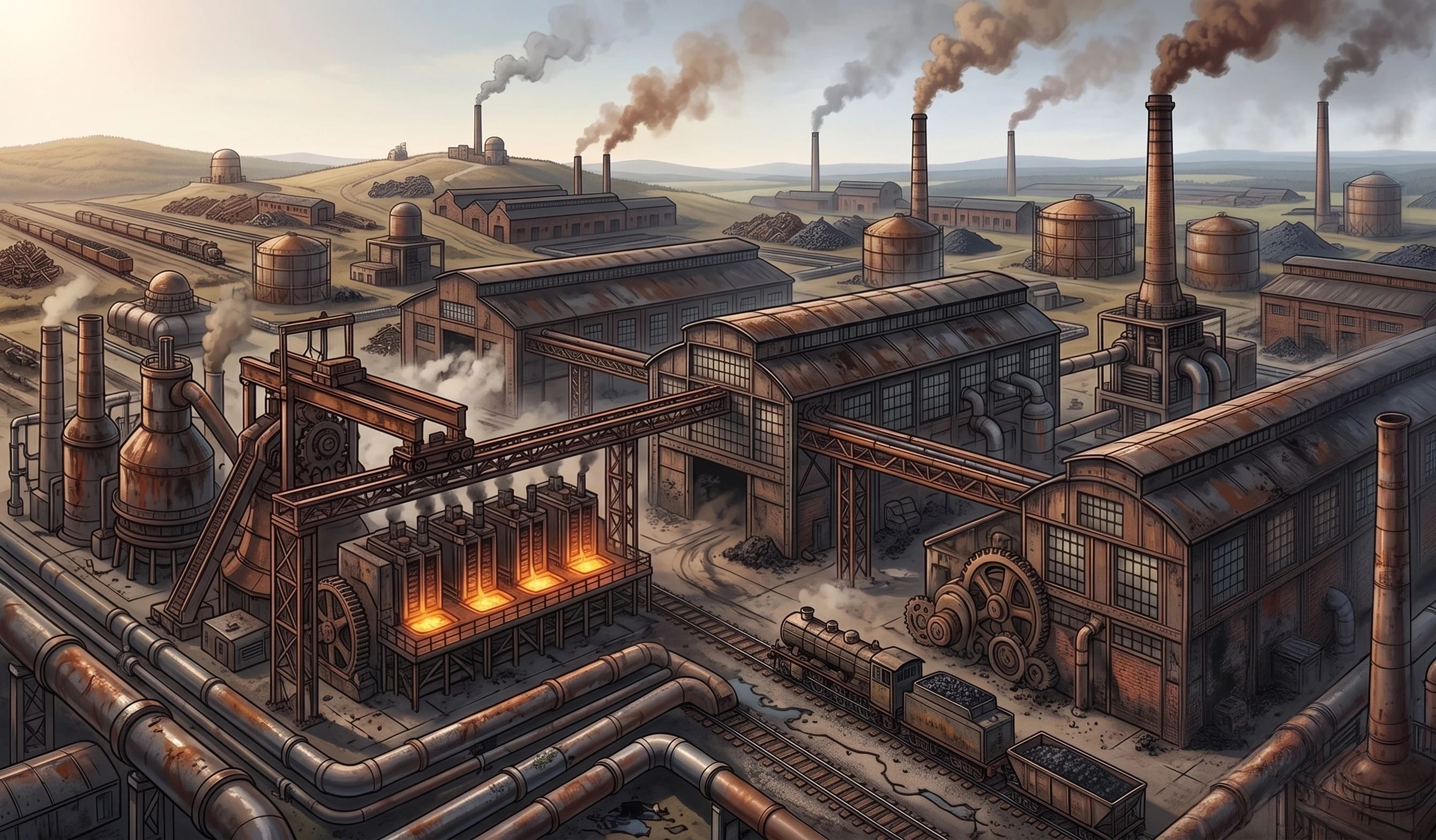 Die physische Realität: Schwere Industrie, Hochöfen, Schornsteine und Gleise